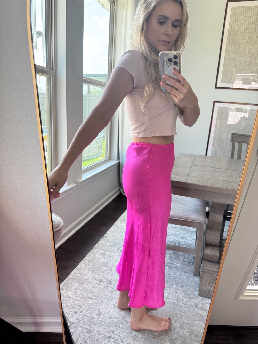 Neon Barbie Hot Pink Women's Satin Midi Slide Slit Skirt - Picture 4 of 16